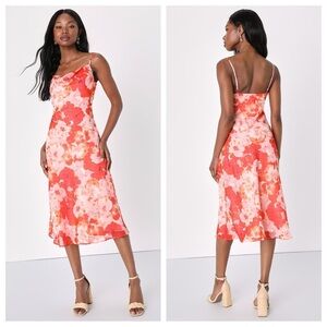Lulus Fabulous Destiny Pink Floral Swiss Dot Cowl Neck Midi
Dress